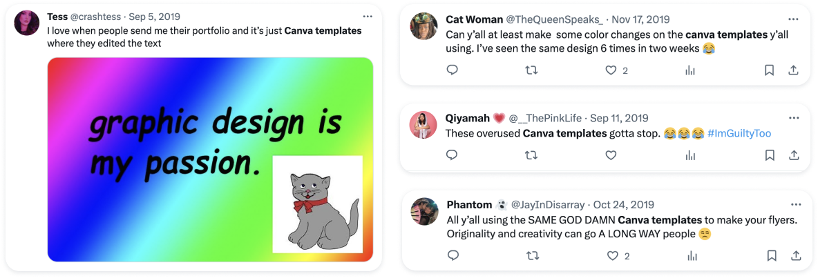 Twitter posts on how bad Canva templates are